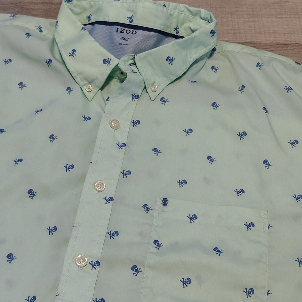 IZOD Mens 4XLT Mint Green Skull Crossbones Print Short Sleeve Button Down Shirt